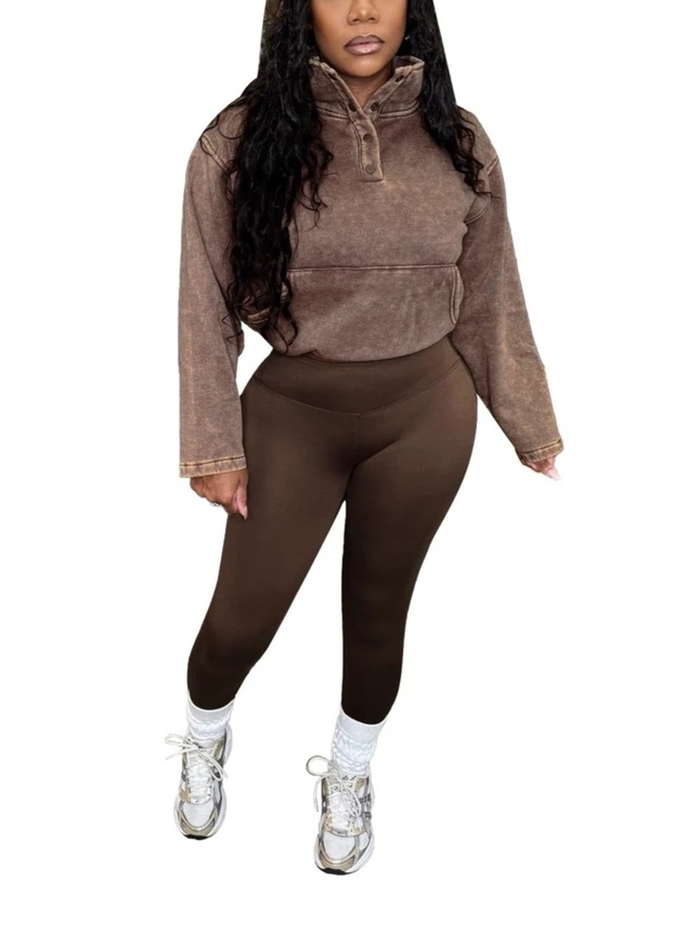 Brown Crewneck 2-Piece Set | Cropped Pullover + High-Waist Pants